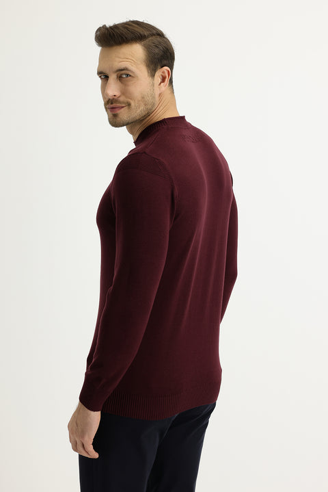 Light Burgundy Crew Neck Slim Fit Narrow Cut Cotton Knit Sweater