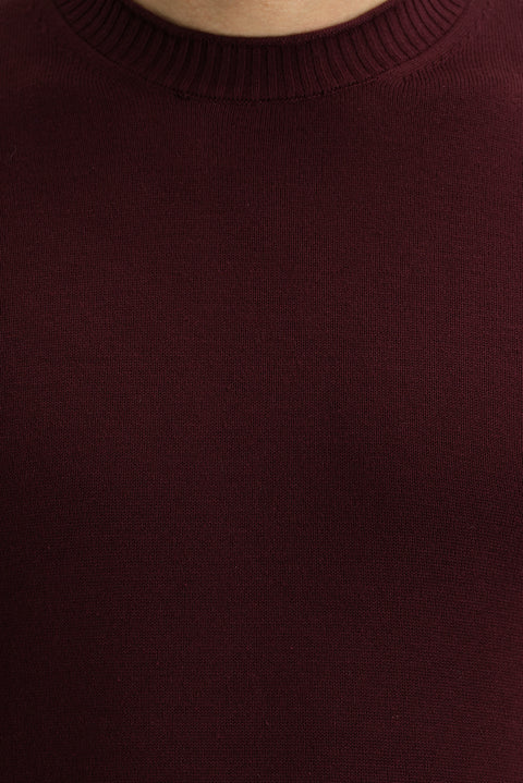 Light Burgundy Crew Neck Slim Fit Narrow Cut Cotton Knit Sweater