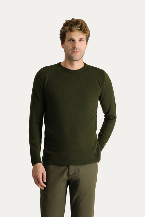 Orta Haki Bisiklet Yaka Slim Fit Dar Kesim Desenli Triko Kazak