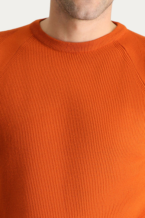 Tile-colored Crew Neck Slim Fit Narrow Cut Patterned Knit Sweater