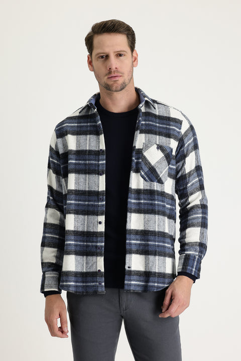 Dark Blue Long Sleeve Regular Fit Plaid Shacket Lumberjack Shirt