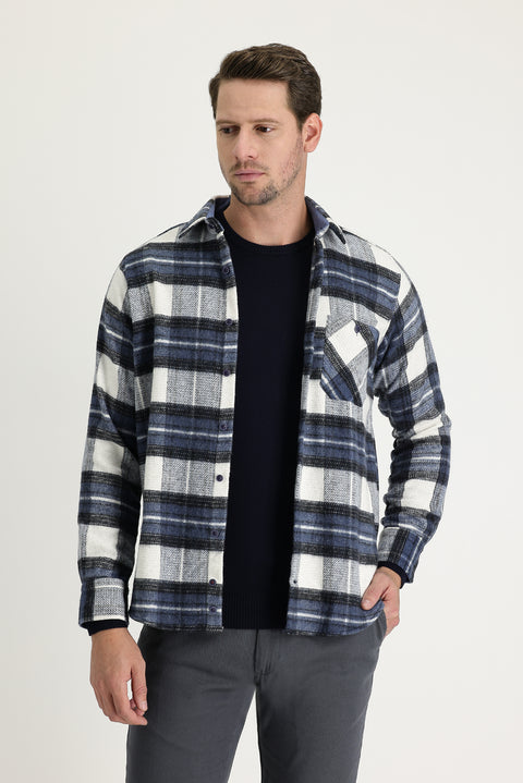 Dark Blue Long Sleeve Regular Fit Plaid Shacket Lumberjack Shirt