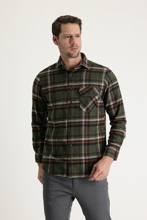 Dark Green Regular Fit Plaid Shacket Lumberjack Cotton Shirt
