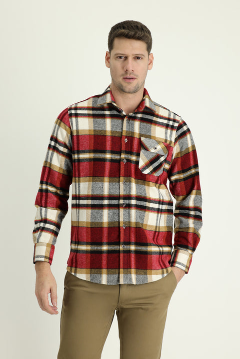 Dark Red Long Sleeve Regular Fit Plaid Shacket Lumberjack Shirt