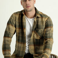 Dark Beige Long Sleeve Regular Fit Plaid Shacket Lumberjack Shirt