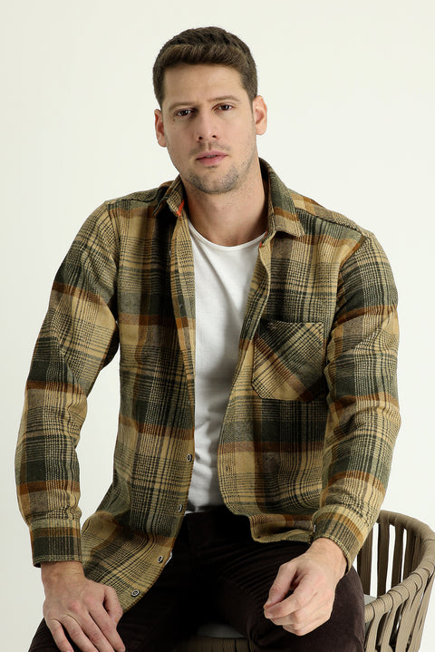 Dark Beige Long Sleeve Regular Fit Plaid Shacket Lumberjack Shirt