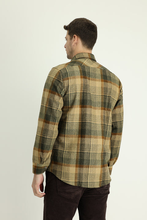Dark Beige Long Sleeve Regular Fit Plaid Shacket Lumberjack Shirt