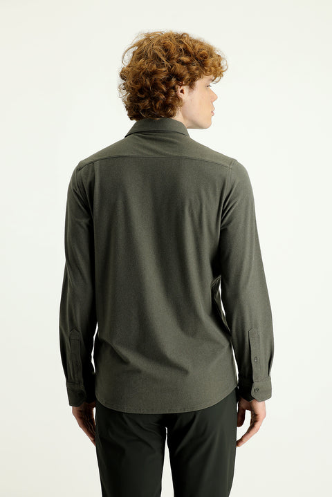Yağ Yeşili-Olive Techno-Line Uzun Kol Slim Fit Dar Kesim Spor Örme Gömlek