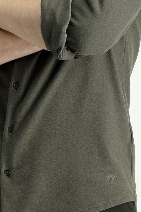 Yağ Yeşili-Olive Techno-Line Uzun Kol Slim Fit Dar Kesim Spor Örme Gömlek