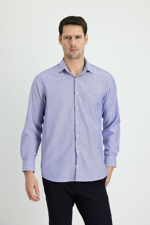 Blue Long Sleeve Regular Fit Striped Cotton Shirt
