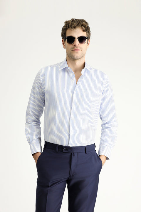 Light Blue Long Sleeve Regular Fit Striped Cotton Shirt
