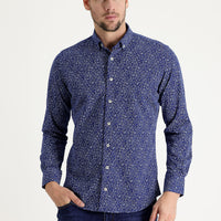 Dark Navy Long Sleeve Slim Fit Printed Cotton Shirt
