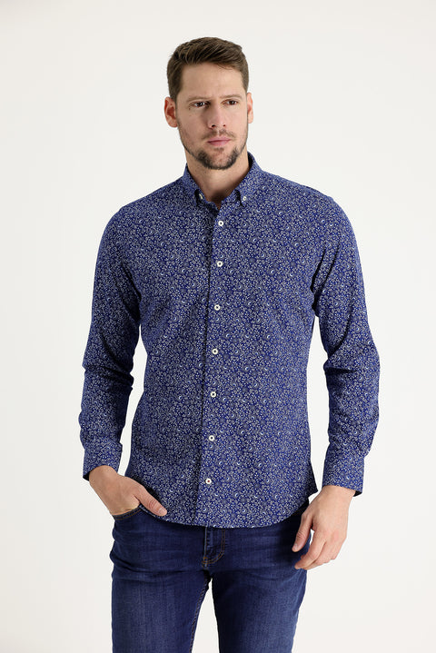 Dark Navy Long Sleeve Slim Fit Printed Cotton Shirt