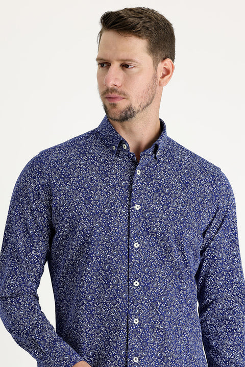 Dark Navy Long Sleeve Slim Fit Printed Cotton Shirt