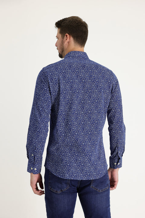 Dark Navy Long Sleeve Slim Fit Printed Cotton Shirt