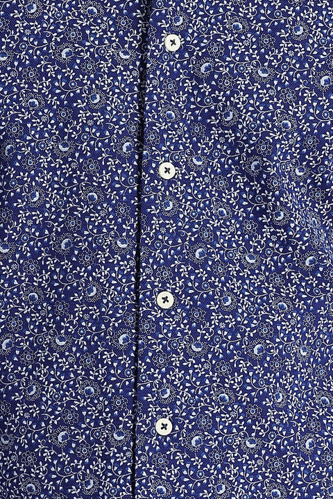 Dark Navy Long Sleeve Slim Fit Printed Cotton Shirt