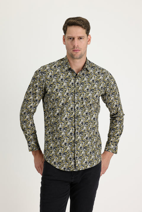 Mustard Yellow Long Sleeve Slim Fit Printed Cotton Shirt