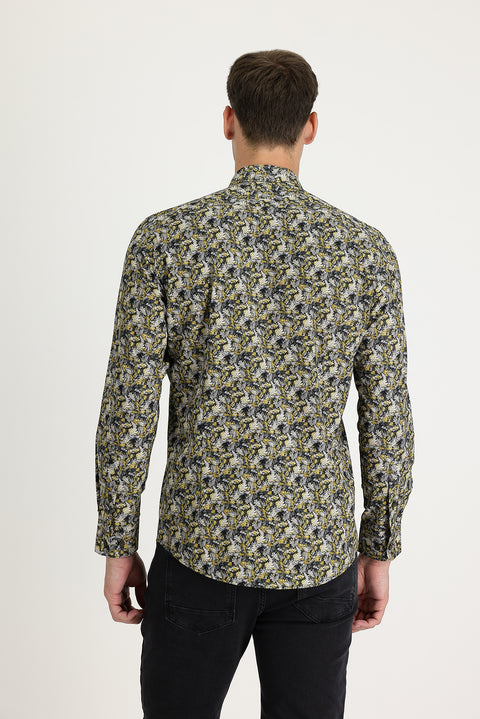 Mustard Yellow Long Sleeve Slim Fit Printed Cotton Shirt