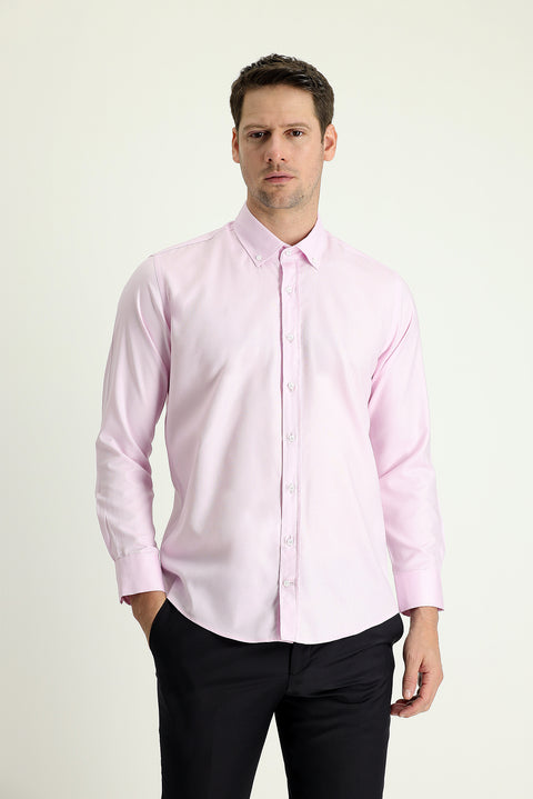 Toz Pembe Uzun Kol Slim Fit Dar Kesim Oxford Pamuk Düğmeli Yaka Gömlek