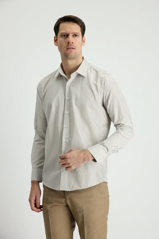 Açık Bej Uzun Kol Slim Fit Dar Kesim Çizgili Pamuklu Gömlek