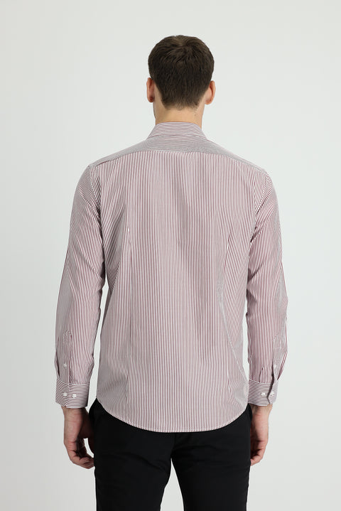 Açık Bordo Uzun Kol Slim Fit Dar Kesim Çizgili Pamuklu Gömlek