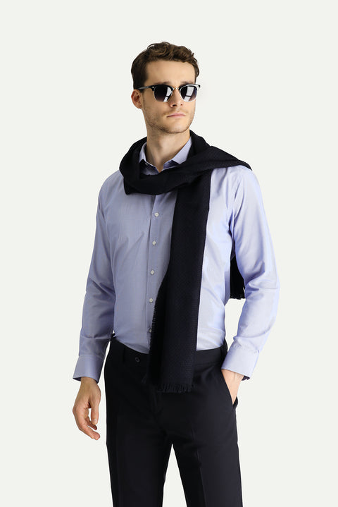 Dark Blue Long Sleeve Slim Fit Narrow Cut Classic Striped Cotton Easy Iron Shirt