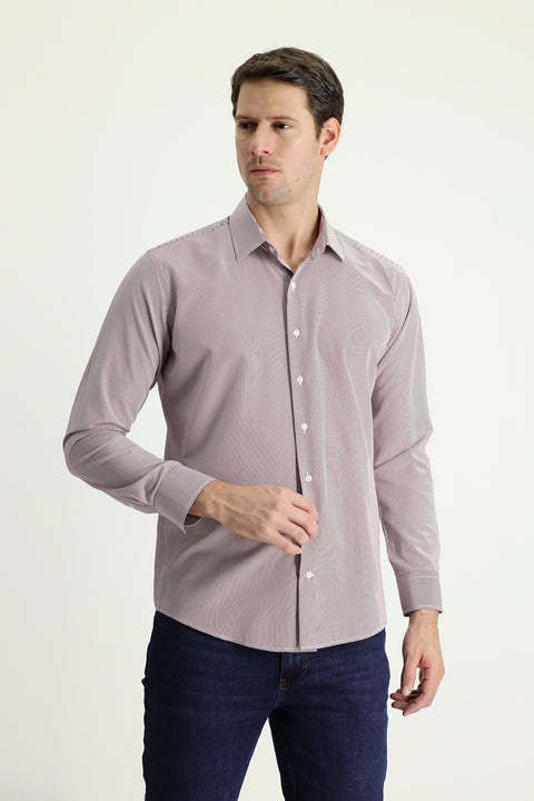 Light Burgundy Long Sleeve Slim Fit Striped Cotton Easy-Iron Shirt