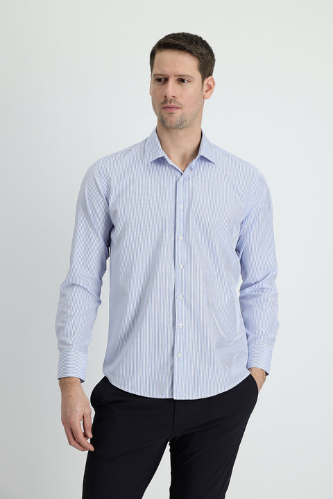 Light Blue Long Sleeve Slim Fit Striped Cotton Easy-Iron Shirt