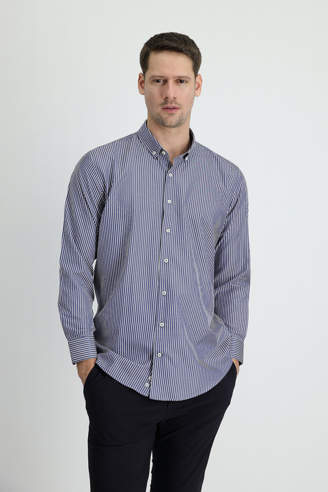 Dark Navy Long Sleeve Slim Fit Striped Casual Shirt