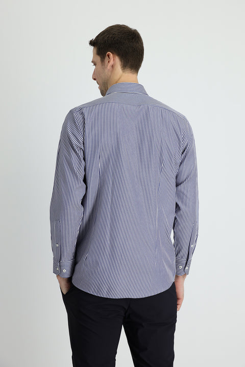 Dark Navy Long Sleeve Slim Fit Striped Casual Shirt