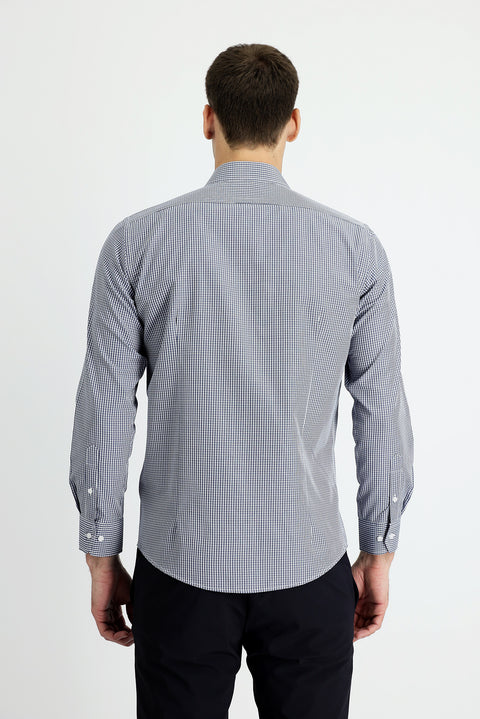 Koyu Lacivert Uzun Kol Slim Fit Dar Kesim Ekose Pamuklu Kolay Ütülenebilir Gömlek