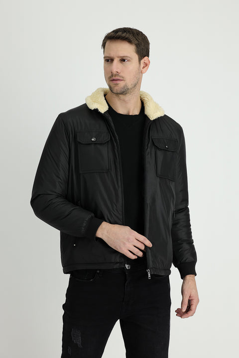 Black Hooded Fur-Lined Puffer Jacket