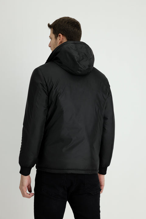 Black Hooded Fur-Lined Puffer Jacket