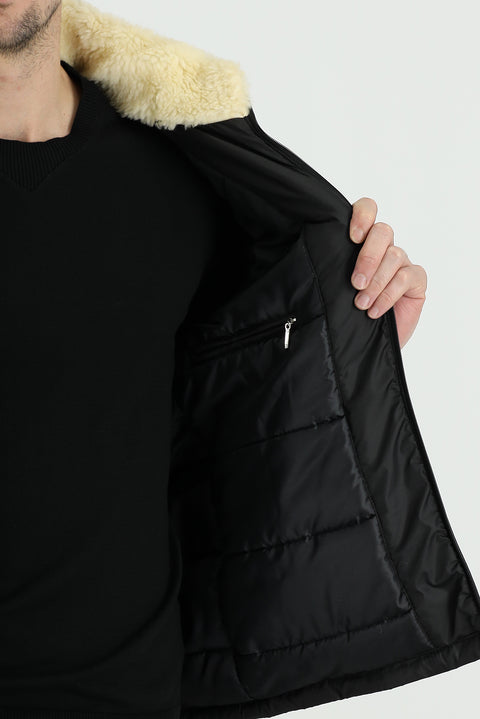 Black Hooded Fur-Lined Puffer Jacket