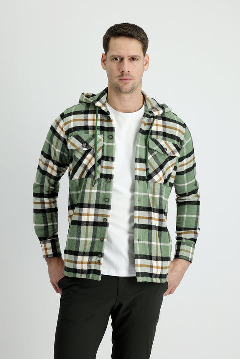 Pistachio Green Slim Fit Narrow Cut Hooded Plaid Shacket Shirt/Jacket