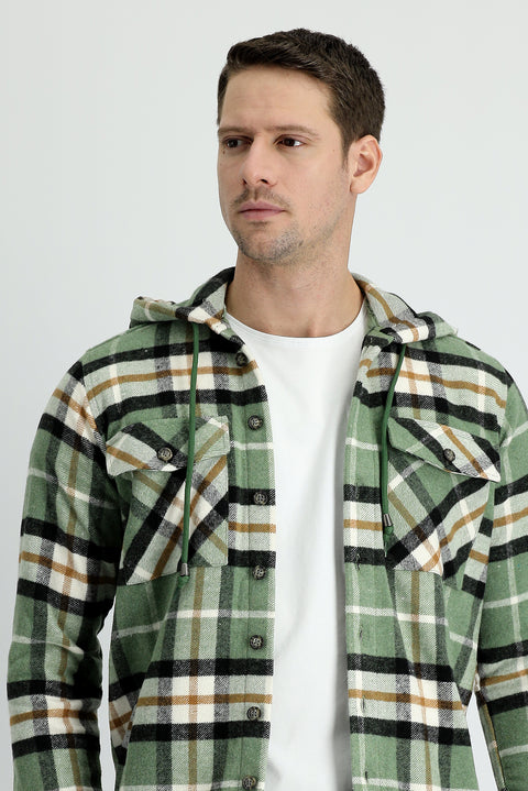 Pistachio Green Slim Fit Narrow Cut Hooded Plaid Shacket Shirt/Jacket