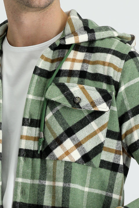 Pistachio Green Slim Fit Narrow Cut Hooded Plaid Shacket Shirt/Jacket