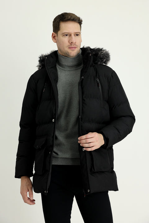 Black Hooded Sports Puffer Jacket