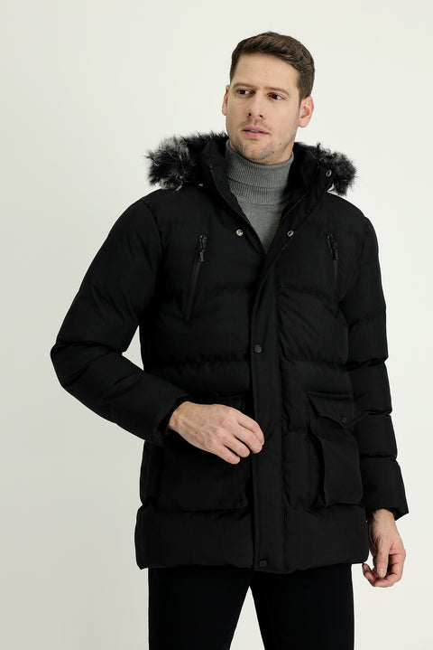 Black Hooded Sports Puffer Jacket