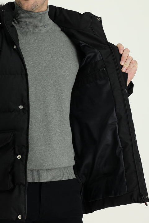 Black Hooded Sports Puffer Jacket