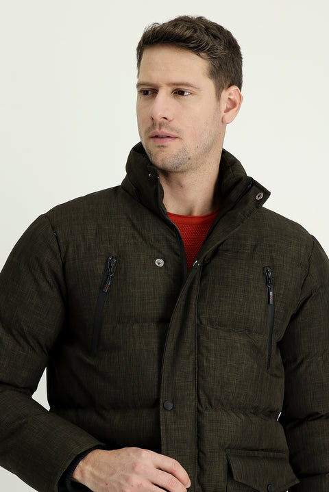 Medium Khaki Hooded Sports Puffer Jacket