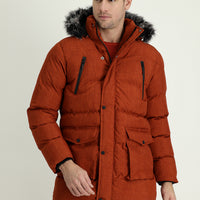 Tile-colored Hooded Sports Puffer Jacket