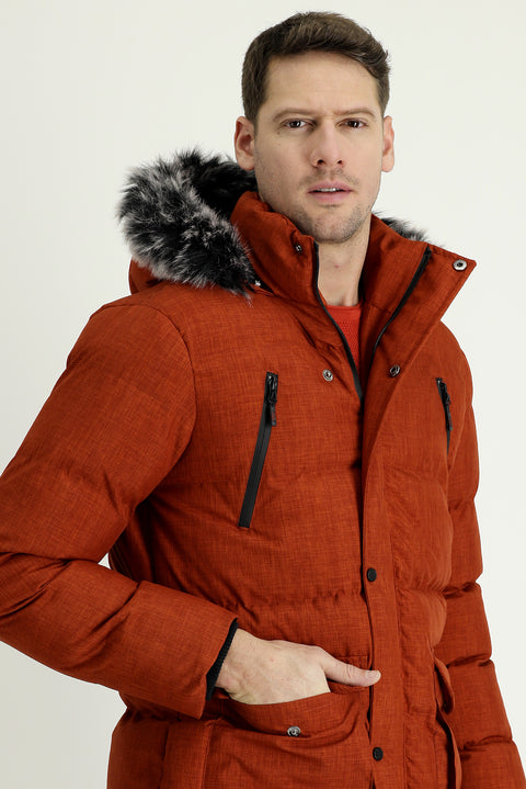 Tile-colored Hooded Sports Puffer Jacket