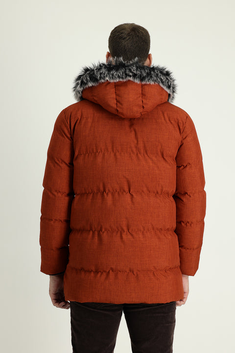 Tile-colored Hooded Sports Puffer Jacket