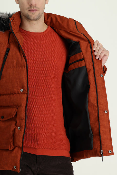 Tile-colored Hooded Sports Puffer Jacket