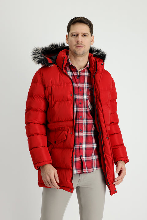 Dark Red Hooded Sports Puffer Jacket