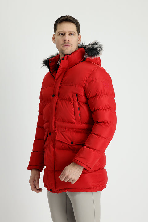 Dark Red Hooded Sports Puffer Jacket