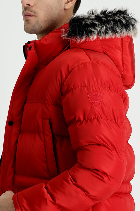 Dark Red Hooded Sports Puffer Jacket