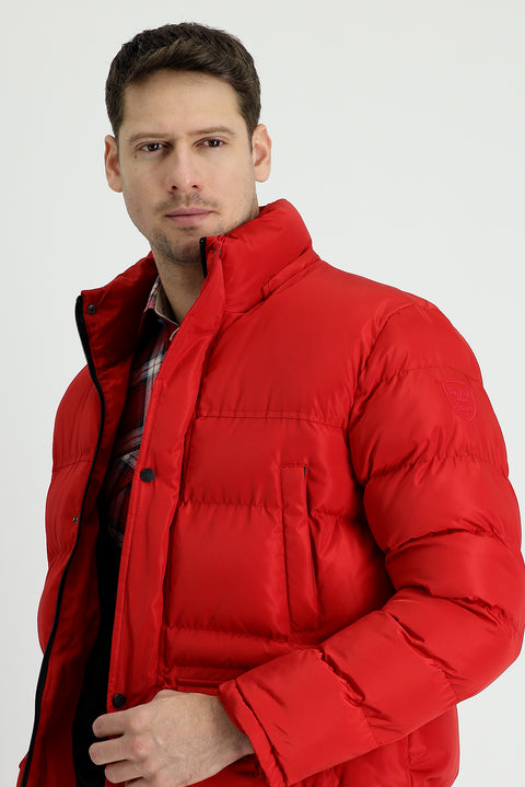 Dark Red Hooded Sports Puffer Jacket