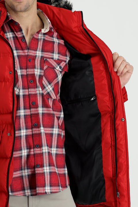 Dark Red Hooded Sports Puffer Jacket
